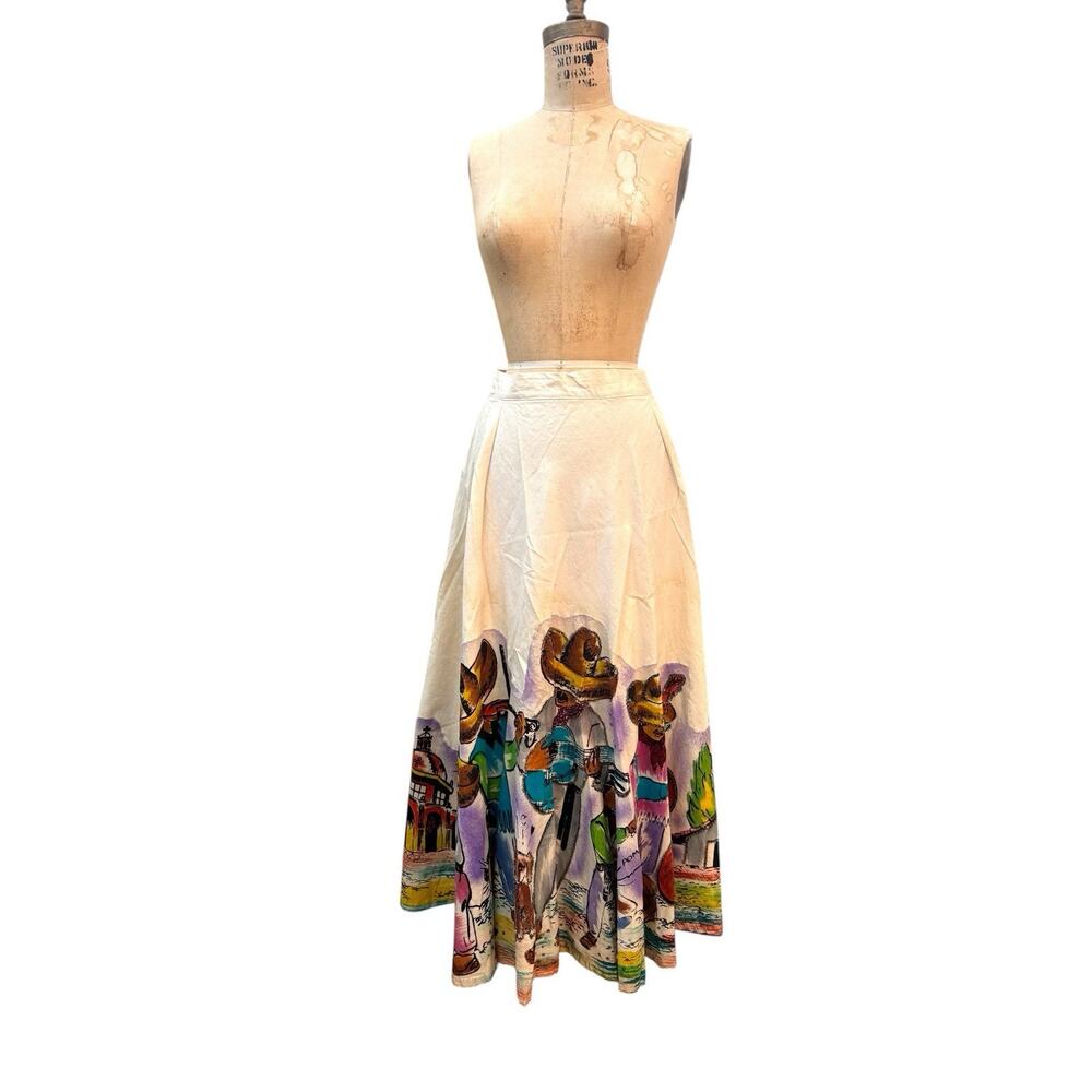 Vtg 50s Hand Painted Mexico Skirt Mexican Tourist Circle Patio Muslin Sz Large